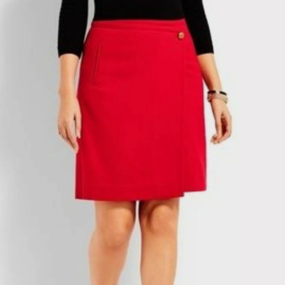 Talbots red wool twill faux wrap skirt